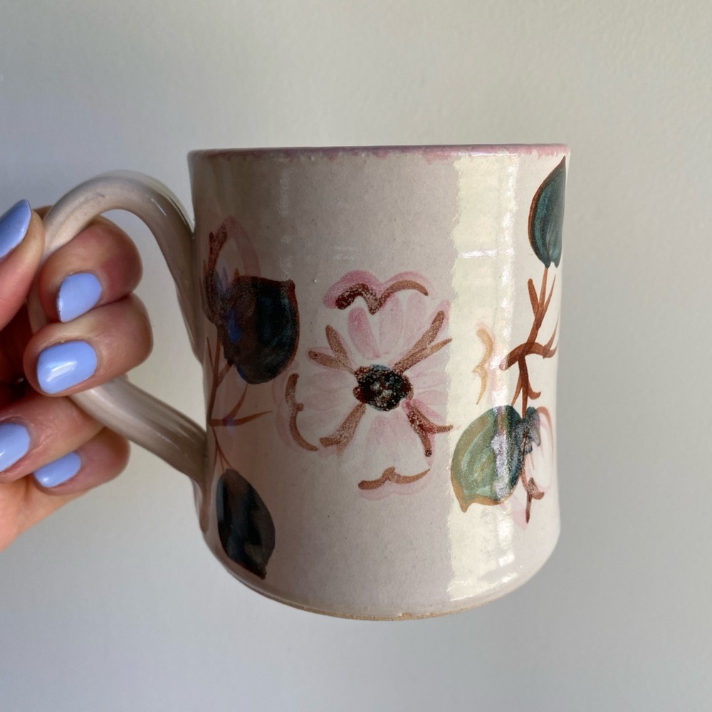 Handmade Studio Pottery Mug Glazed Floral Design Pink Flower Ceramic Cup Vintage